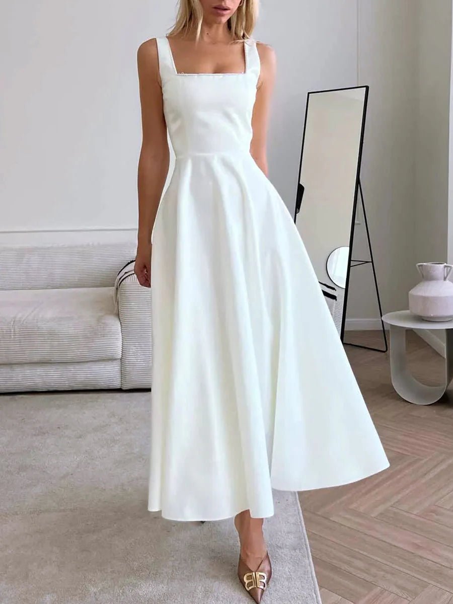 Robe Midi Femme – Élégante Encolure Carrée, Coupe A-Line et Style Chic