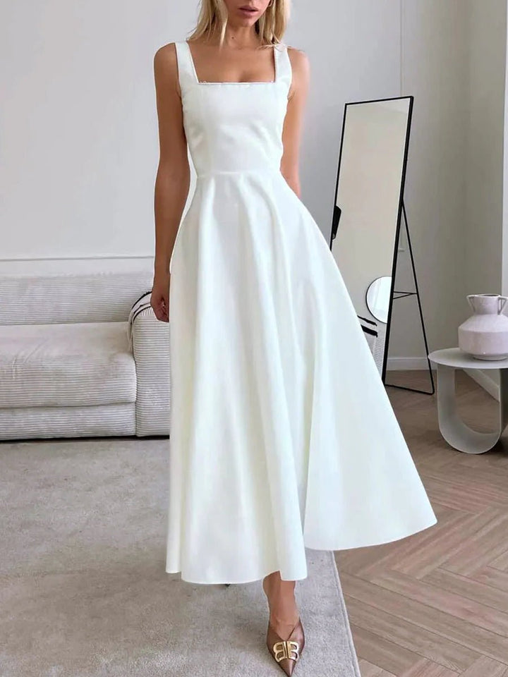 Robe Midi Femme – Élégante Encolure Carrée, Coupe A-Line et Style Chic