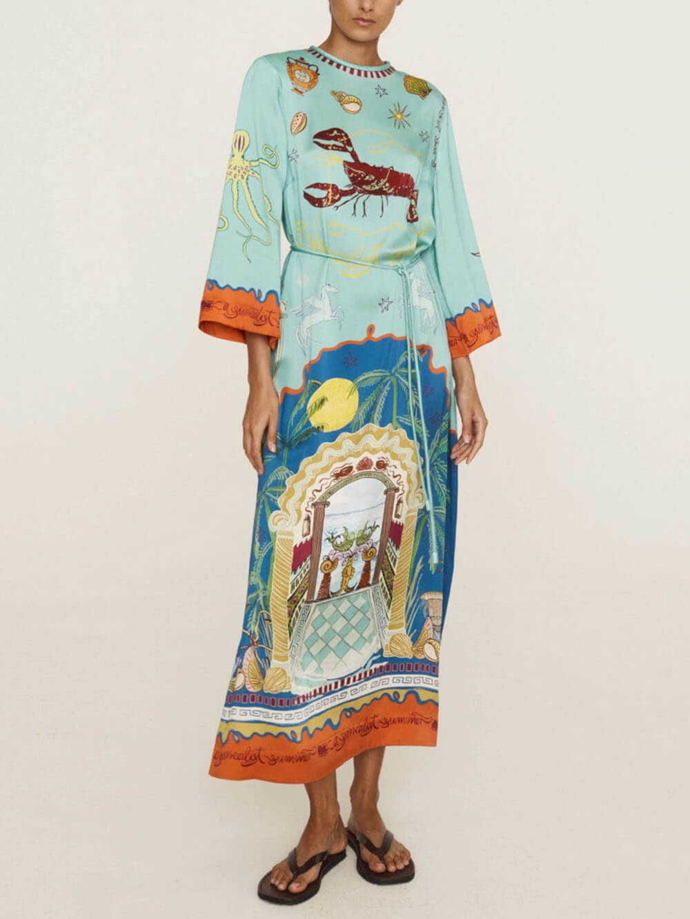 Robe Maxi Longue en Satin Bleu avec Ceinture à Nouer et Fente Latérale