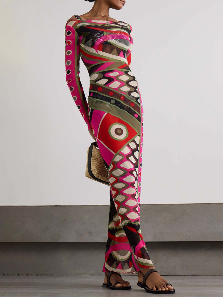 Robe Maxi Longue à Manches pour Femmes | Tenue de Soirée avec Motif Abstrait