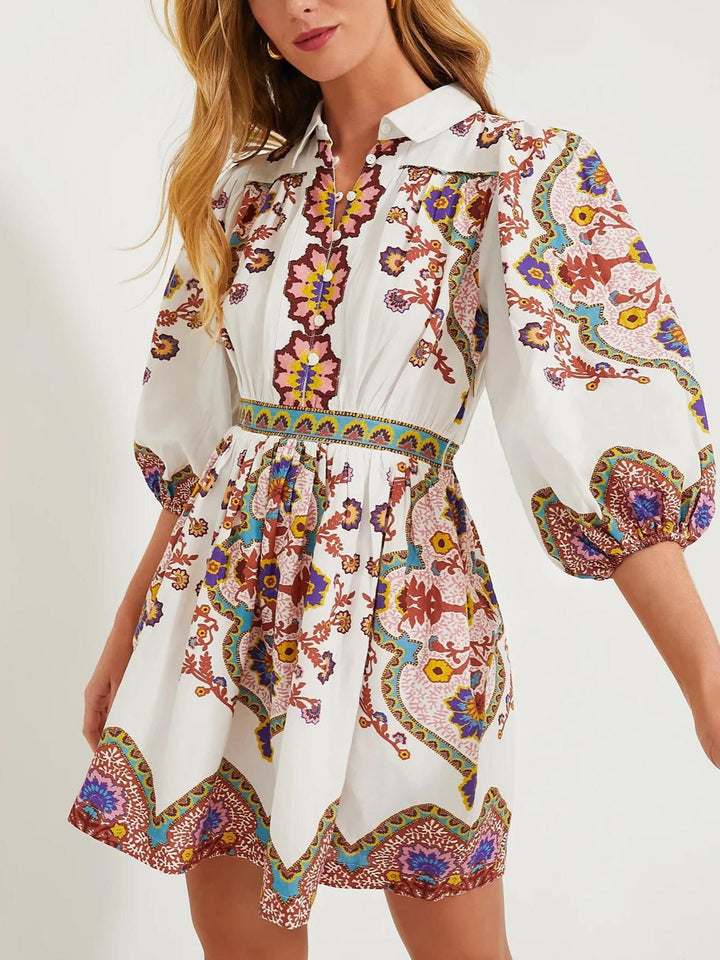Robe d'Été Légère Boho à Imprimé Mini avec Manches Bouffantes pour Femmes