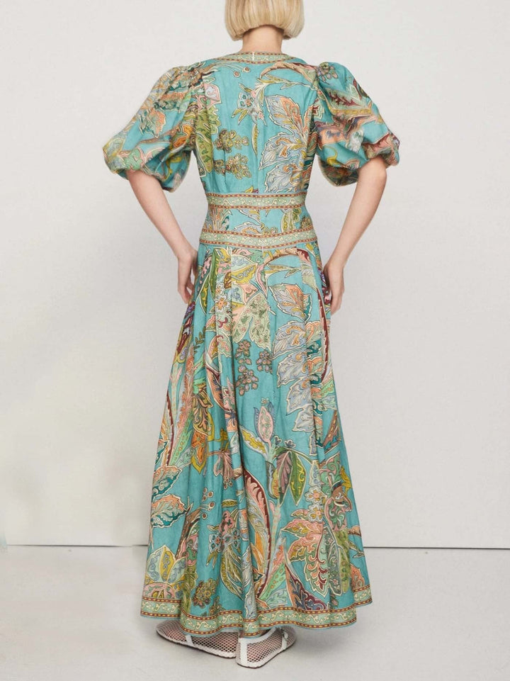 Robe Midi Femme à Manches Bouffantes | Satin Vintage Imprimé Floral avec Décolleté en V pour Événements