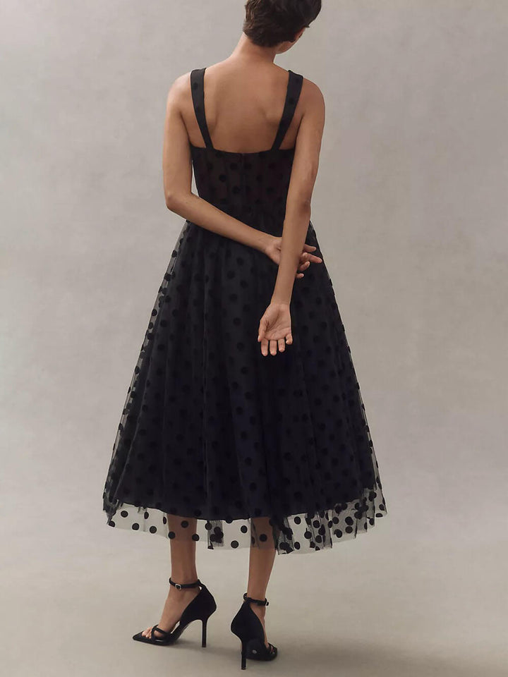 Robe Midi en Tulle à Pois pour Femmes – Bustier Coeur Sans Manches A-Line Idéale pour Fêtes et Évasions