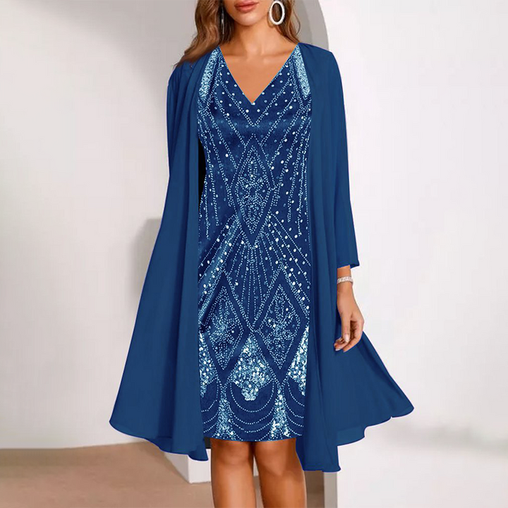 Vanessa-V-Neck Dress & Sheer Long Matching Coat