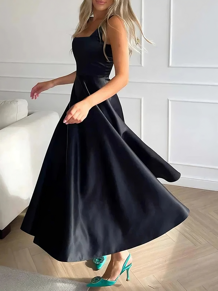 Robe Midi Femme – Élégante Encolure Carrée, Coupe A-Line et Style Chic