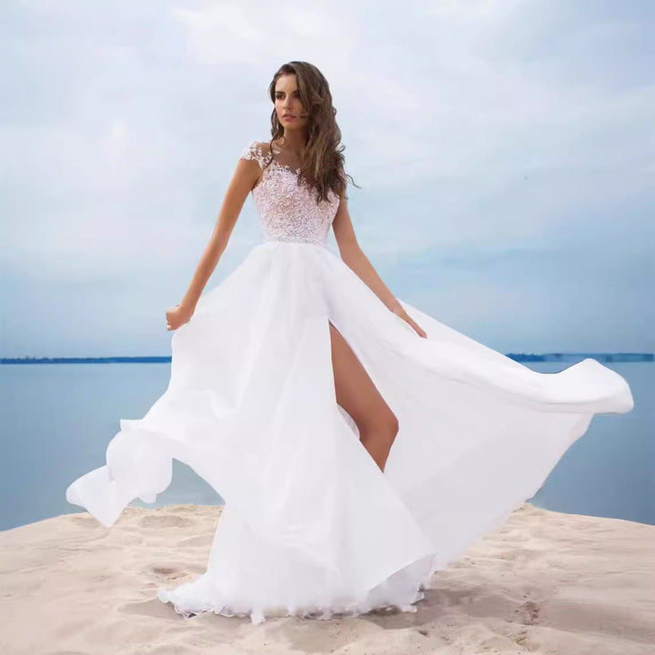 Robe Maxi en Chiffon pour Femme – Robe de Mariée avec Détails Brodés