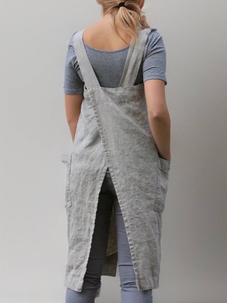 Robe Tablier Femme en Coton-Lin | Design Croisé au Dos & Poches Pratiques | Idéale pour le Bricolage Quotidien