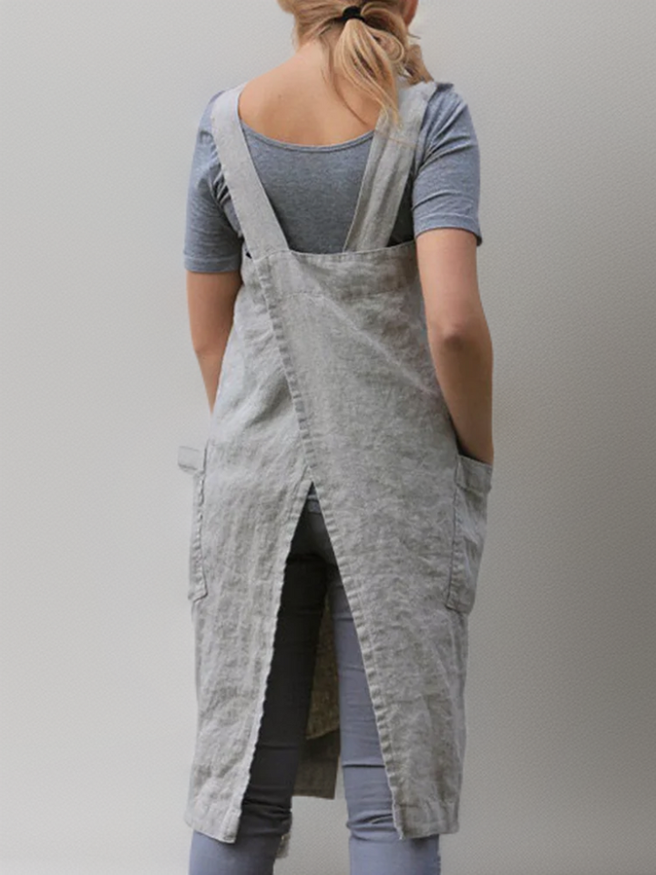 Robe Tablier Femme en Coton-Lin | Design Croisé au Dos & Poches Pratiques | Idéale pour le Bricolage Quotidien