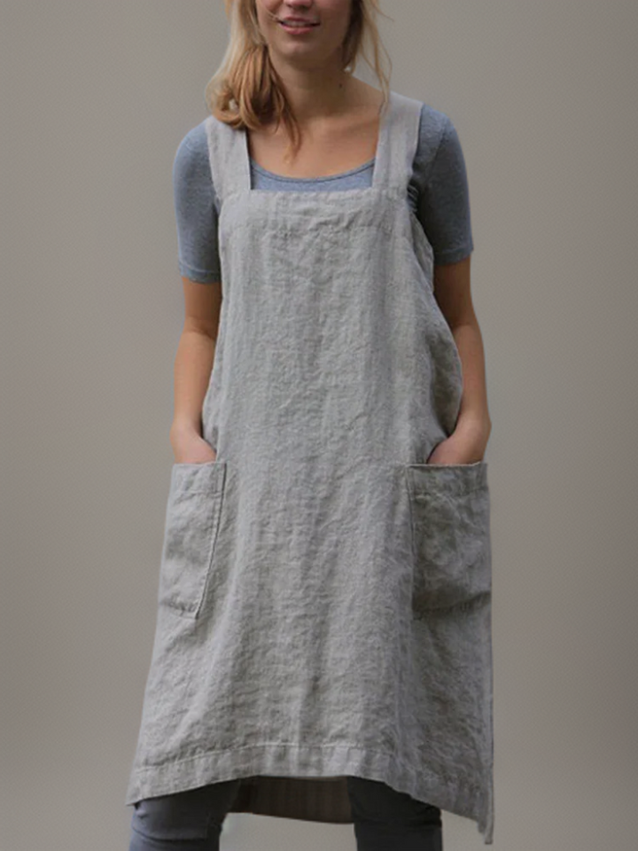 Robe Tablier Femme en Coton-Lin | Design Croisé au Dos & Poches Pratiques | Idéale pour le Bricolage Quotidien