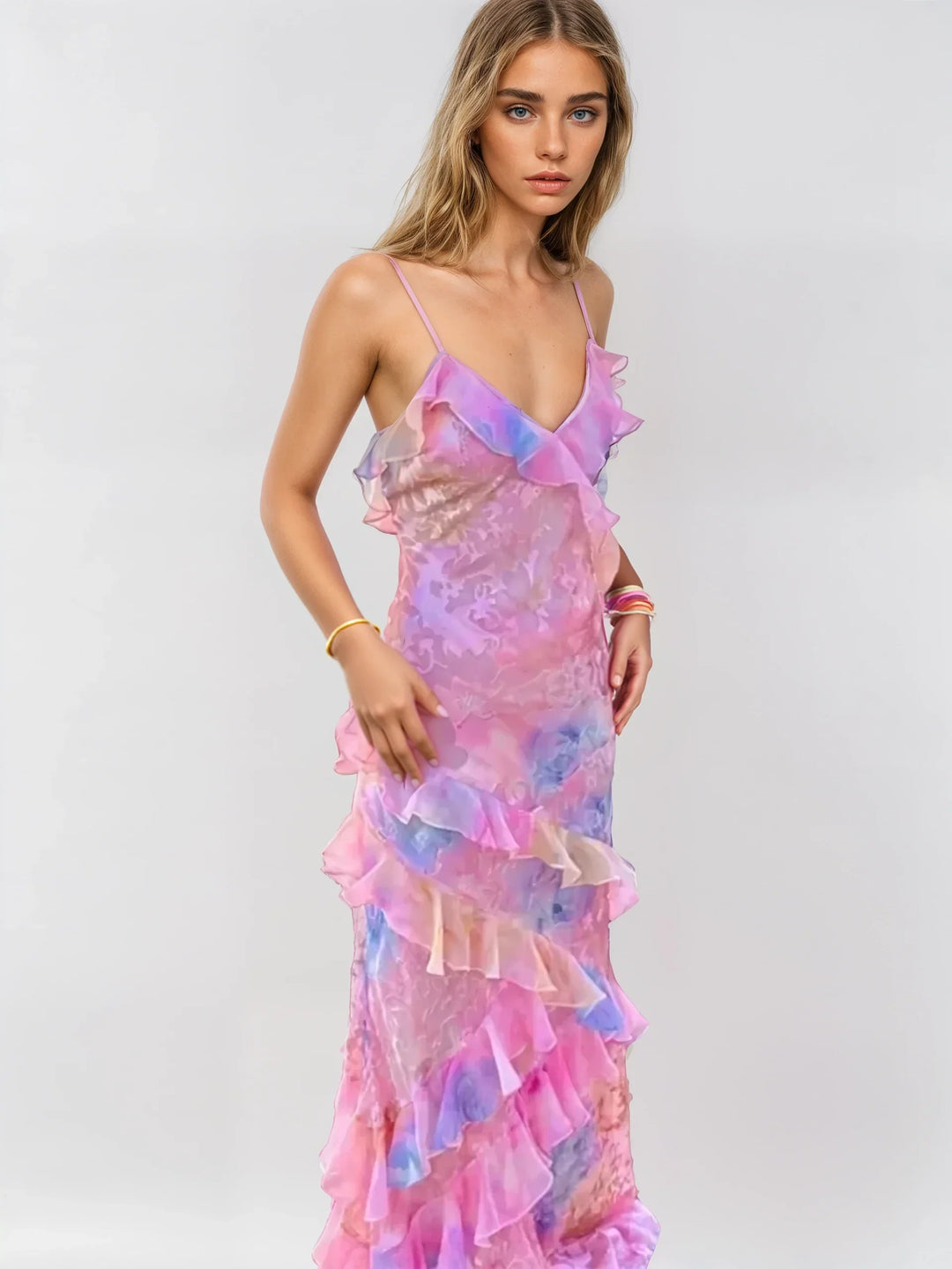 Robe Maxi d'Été pour Femmes – Robe Longue en Maille Froncée aux Teintes Pastel
