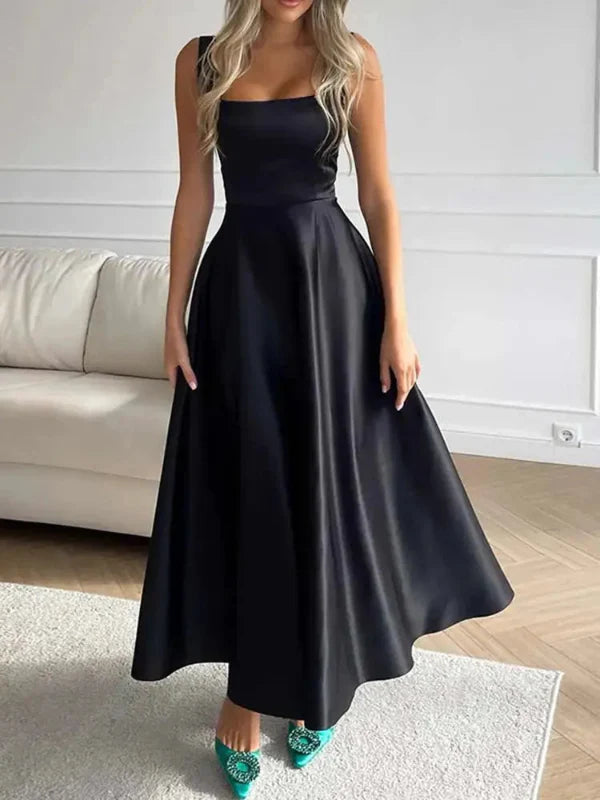 Robe Midi Femme – Élégante Encolure Carrée, Coupe A-Line et Style Chic