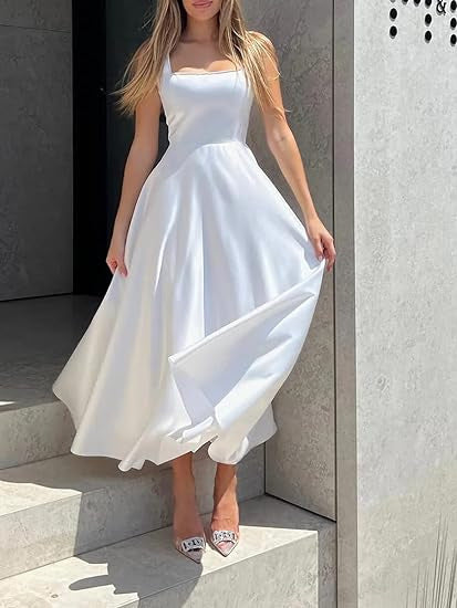 Robe Midi Femme – Élégante Encolure Carrée, Coupe A-Line et Style Chic