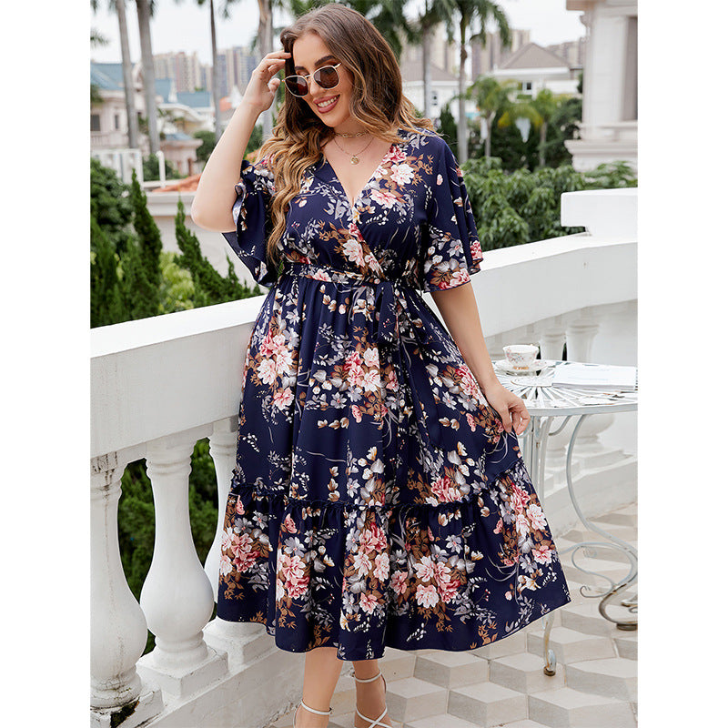 Robe Midi Femme Grande Taille | Imprimée Col V & Coupe Relaxée | Mode Quotidienne & Été