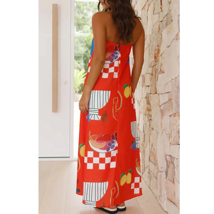 Robe Maxi Boho Imprimée Femme – Sans Bretelles, Légère et Parfaite pour la Plage