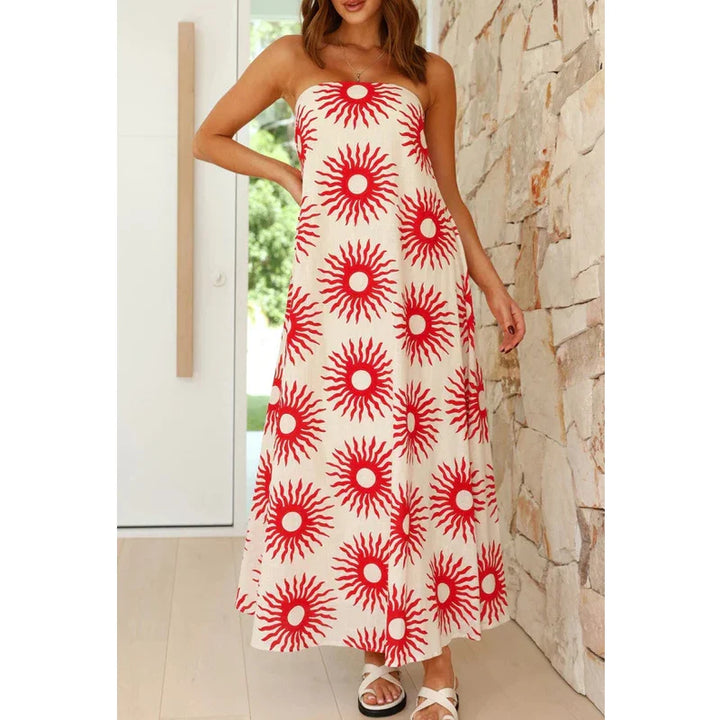 Robe Maxi Boho Imprimée Femme – Sans Bretelles, Légère et Parfaite pour la Plage