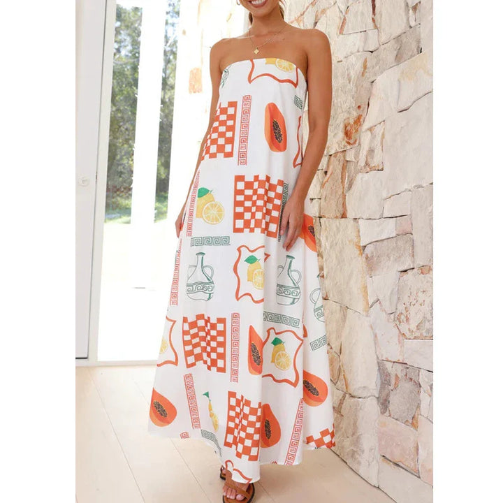 Robe Maxi Boho Imprimée Femme – Sans Bretelles, Légère et Parfaite pour la Plage