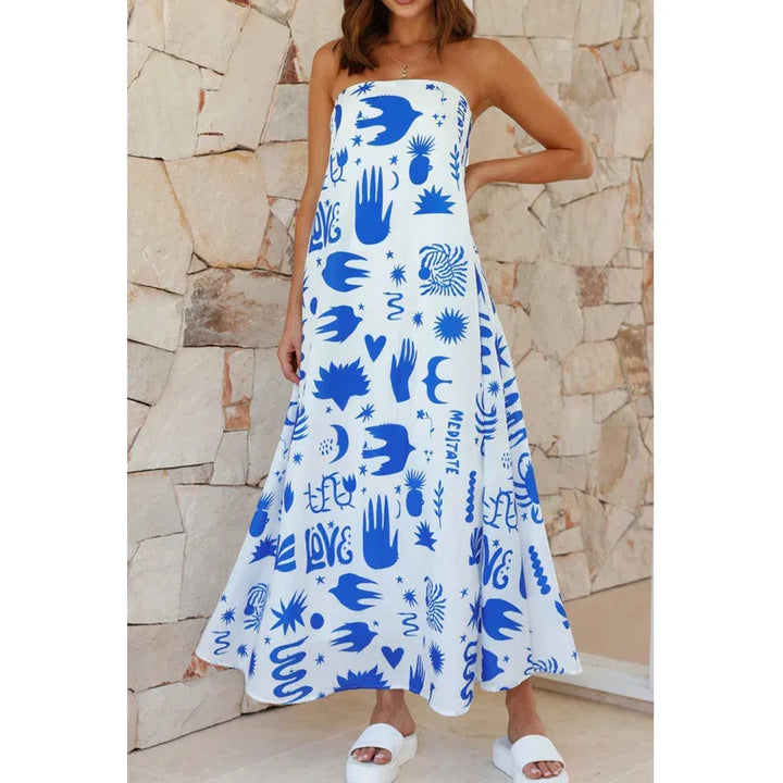 Robe Maxi Boho Imprimée Femme – Sans Bretelles, Légère et Parfaite pour la Plage