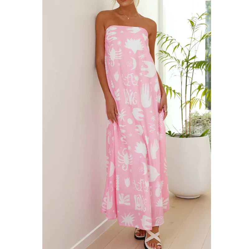 Robe Maxi Boho Imprimée Femme – Sans Bretelles, Légère et Parfaite pour la Plage