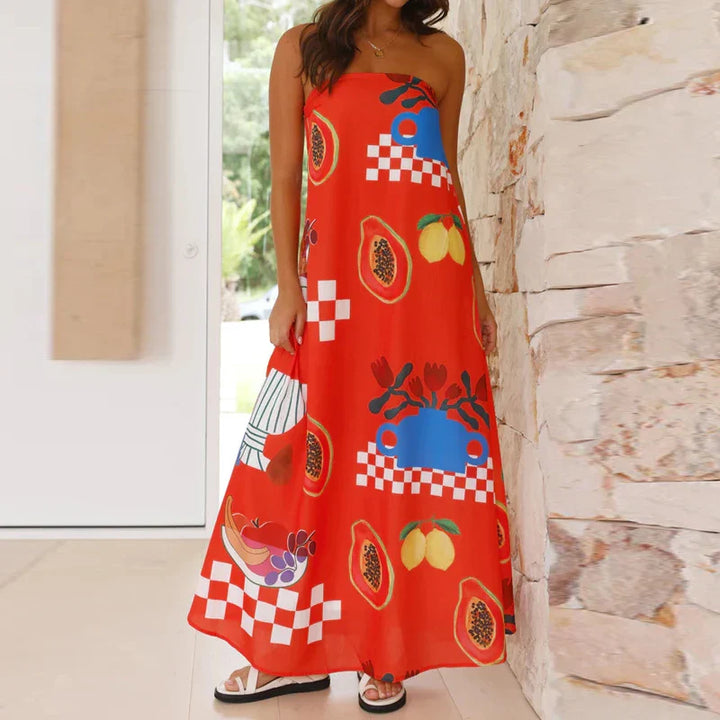 Robe Maxi Boho Imprimée Femme – Sans Bretelles, Légère et Parfaite pour la Plage