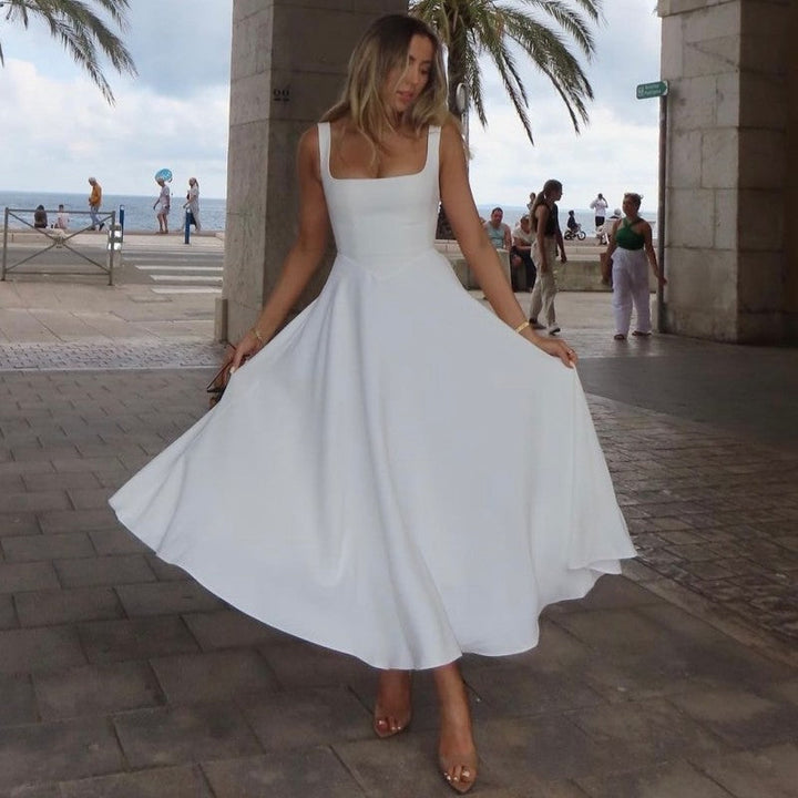 Robe Midi Femme à Encolure Carrée – Sans Manches et Dos Nu | Parfaite pour le Jour et la Soirée