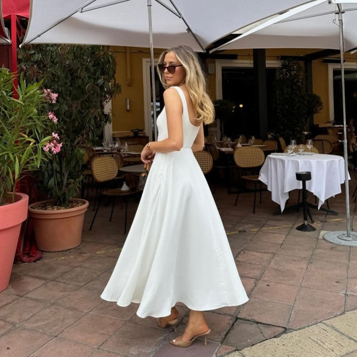 Robe Midi Femme à Encolure Carrée – Sans Manches et Dos Nu | Parfaite pour le Jour et la Soirée