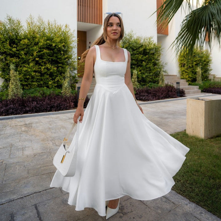 Robe Midi Femme à Encolure Carrée – Sans Manches et Dos Nu | Parfaite pour le Jour et la Soirée
