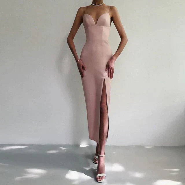 Robe Bodycon à Bretelles Spaghetti et Décolleté en V pour Femmes – Silhouette Flatteuse Idéale pour Mariages et Événements