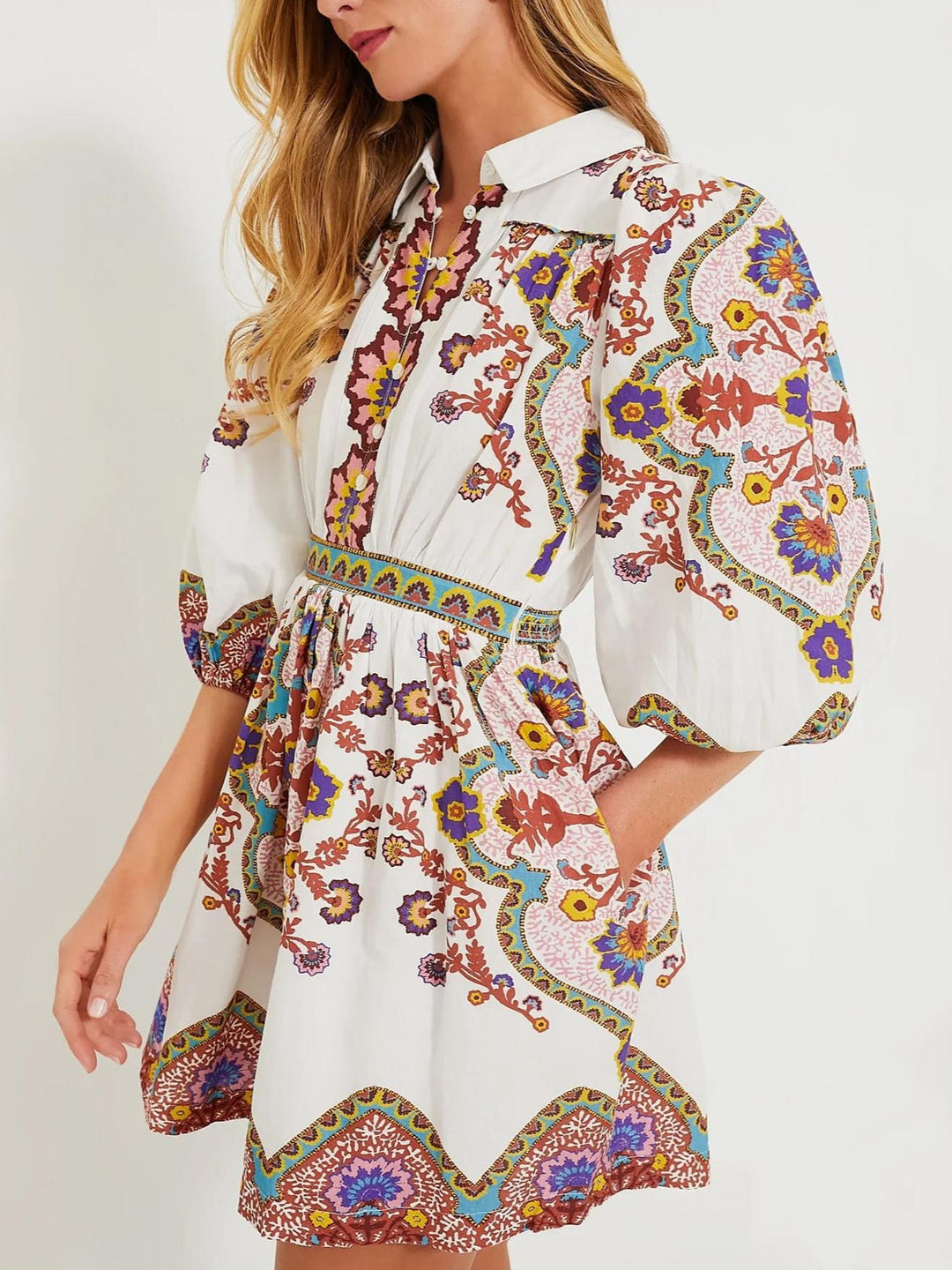 Robe d'Été Légère Boho à Imprimé Mini avec Manches Bouffantes pour Femmes